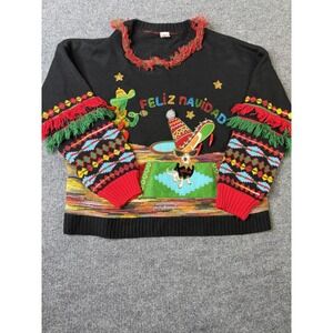 Holiday Time Women's XL Feliz Navidad‎ Ugly Christmas Sweater Chihuahua Fringe